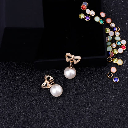 Heart-Shaped Zircon Bow Pearl Earrings